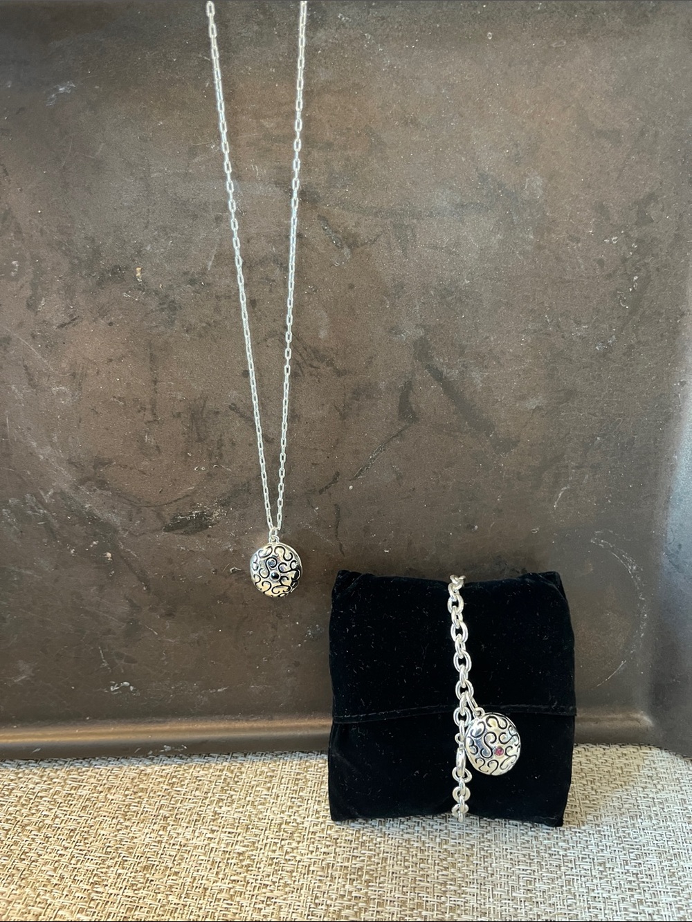 Matching Locket Filigree Necklace & Bracelet Set - Garnet & Black Accents